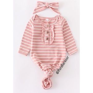 Pink Stripe Tie Bottom Baby Gown with Bow